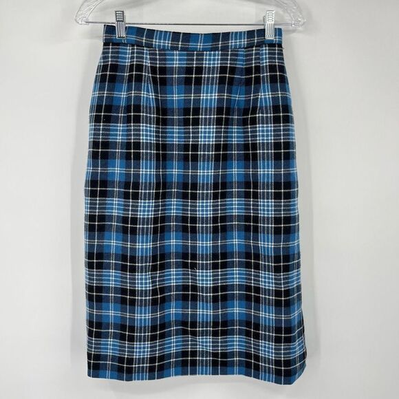 O'Neil of Dublin Plaid Irish Wool Midi Skirt Pencil Blue Black Womens Size 8P - Picture 1 of 5